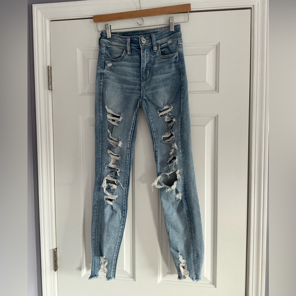 American Eagle Distressed Light Blue Next Level Stretch High Rise Skinny Jeans 0